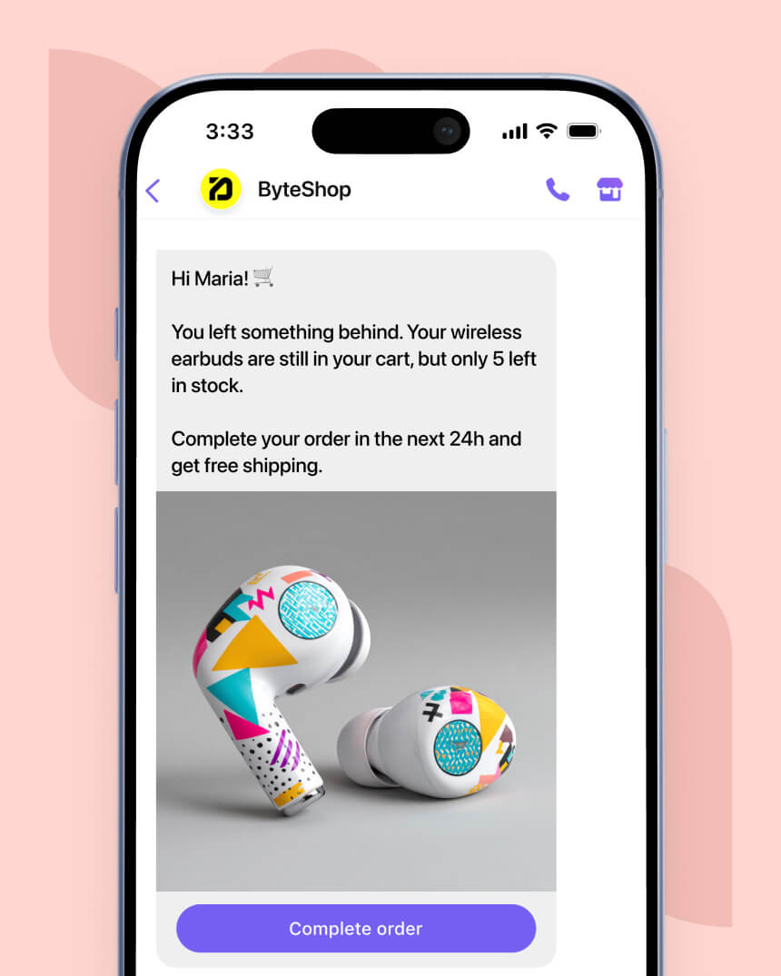 Viber messaging campaign showcasing a personalized message that aims to help a fashion e-commerce store recover abandoned carts.