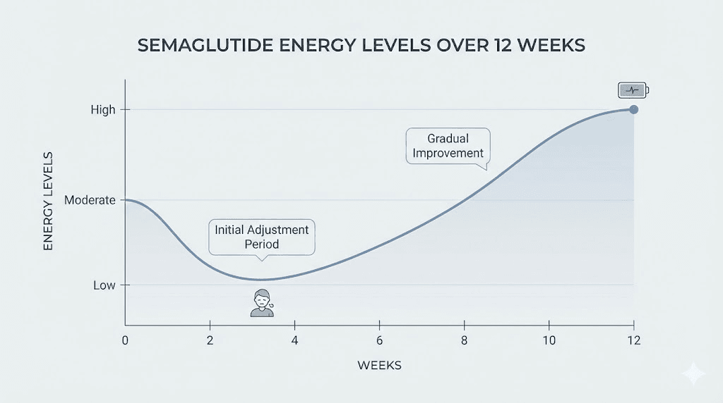 Semaglutide energy timeline showing fatigue phase and recovery over 12 weeks