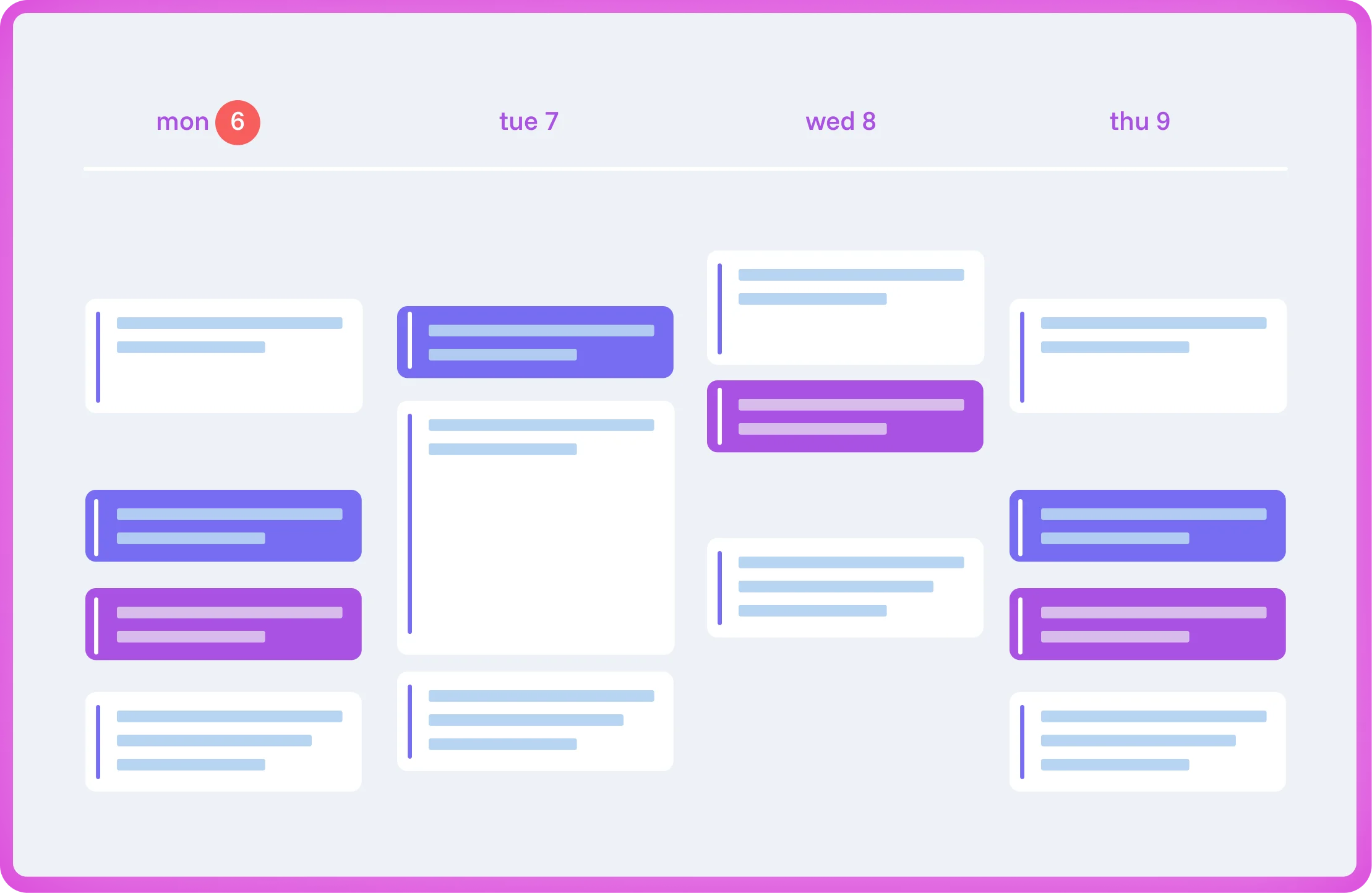 Spencer planning overview with weekly calendar, days, and task blocks in different colors for clear planning