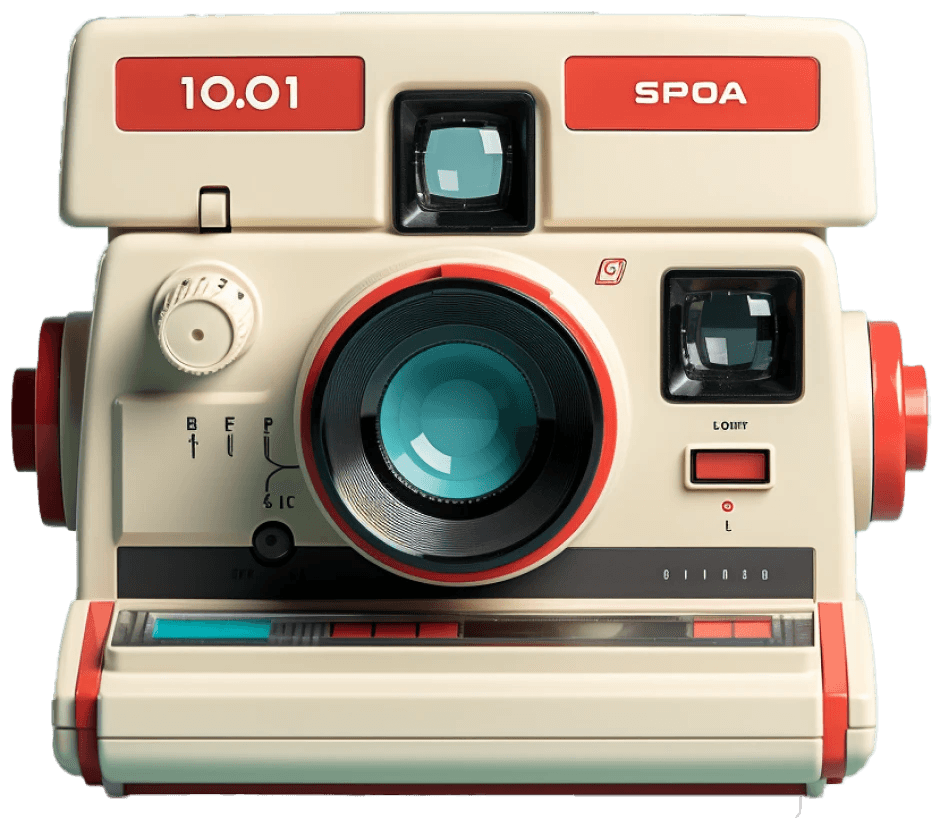 This image features a vintage-style instant camera with a cream and red color scheme, showcasing a large central lens and multiple control dials, evoking a retro aesthetic.