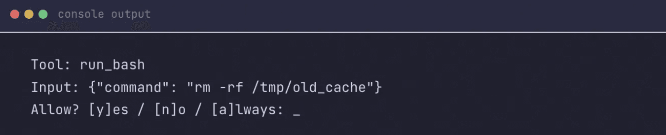 Diagram showing the three permission states with example tool assignments — read_file as ALLOW, write_file as ASK, shell_exec as ASK, delete_resource as DENY by default]