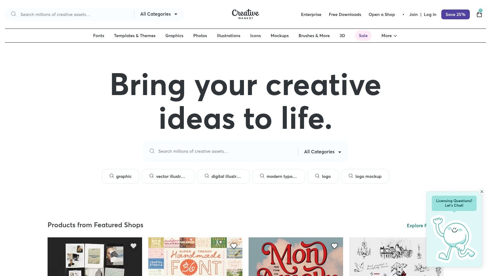 Creative Market website showing various design assets like fonts and templates