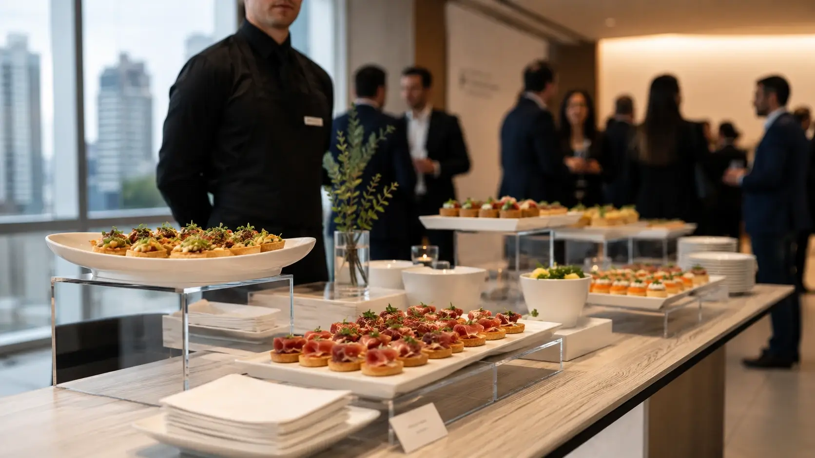 Coquetel corporativo em São Paulo com estação de finger food e equipe uniformizada