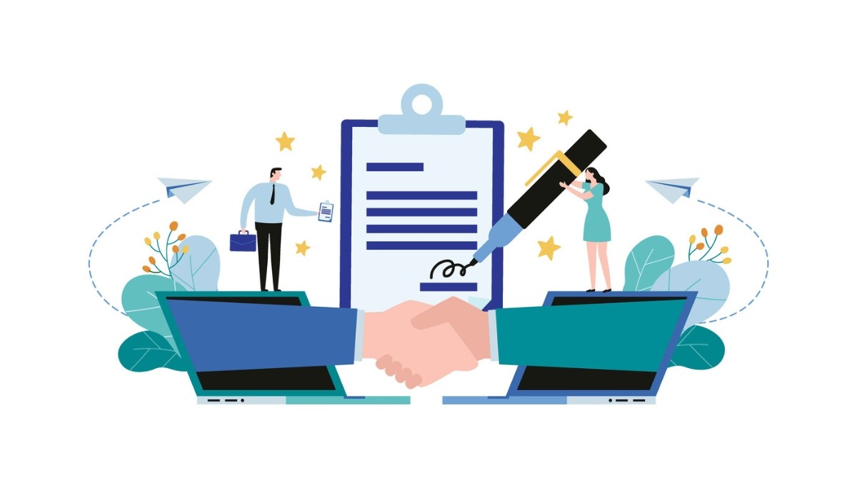 Illustration of professionals signing a digital contract with handshake and laptops.