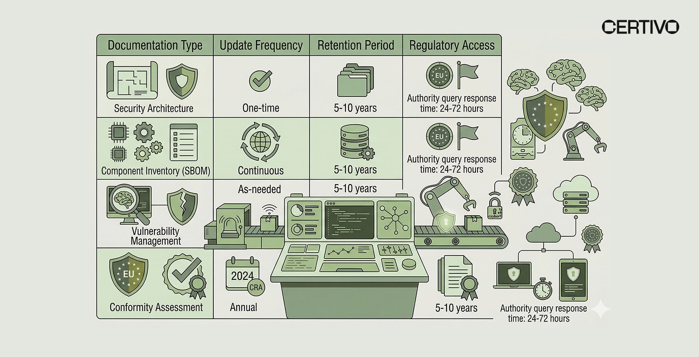 EU Cyber Resilience Act technical documentation matrix showing manufacturer obligations and retention requirements