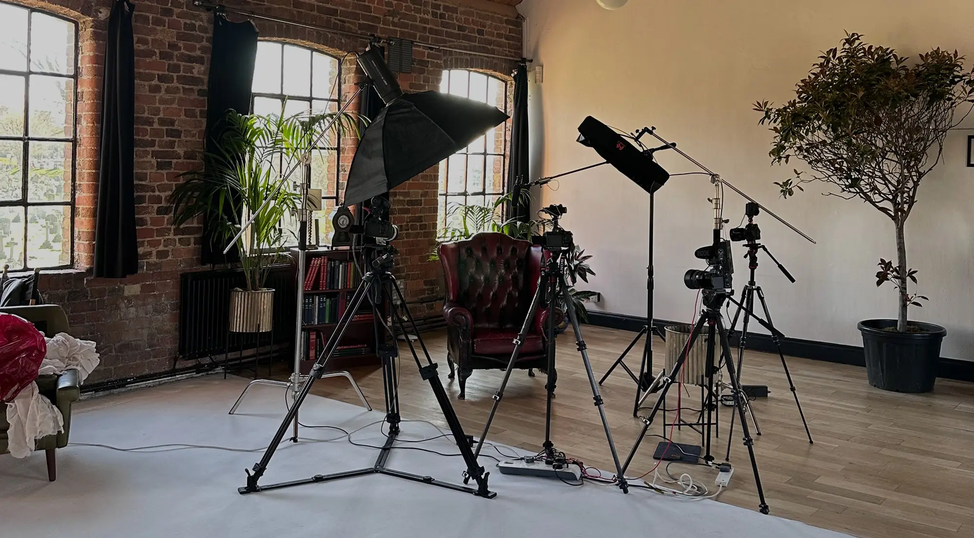 Professional video production studio setup with cameras and lighting for Mediareach multicultural campaign shoots