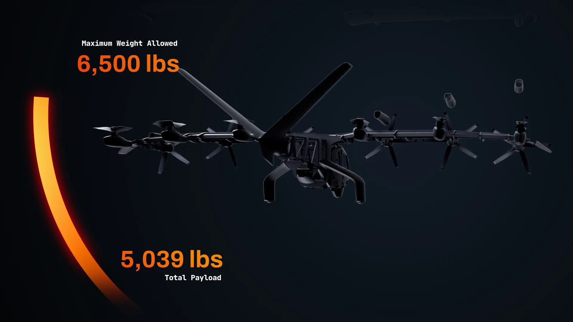 eVTOL aircraft with data overlay showing maximum weight and total payload metrics