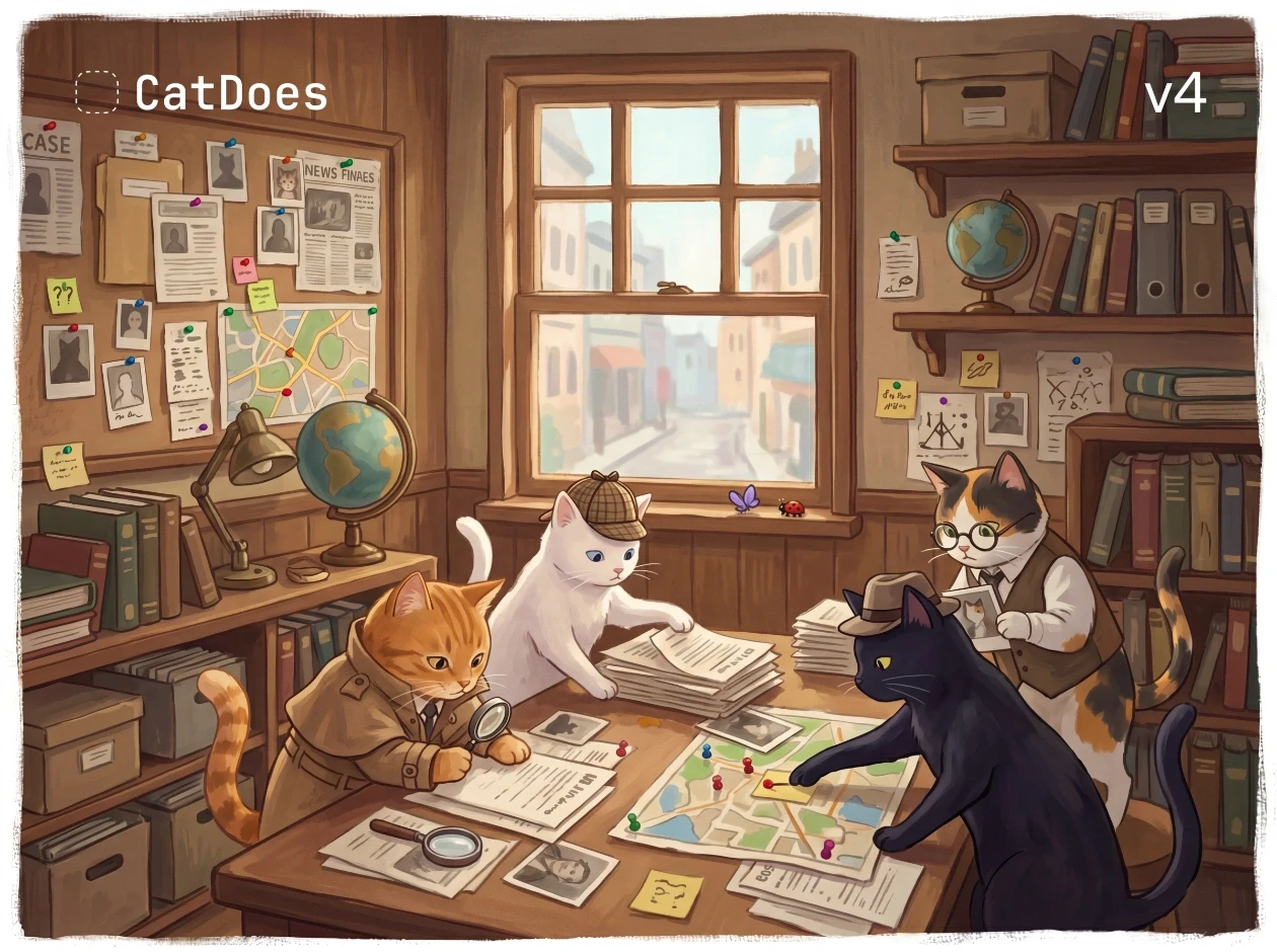 Four cartoon cats working as detectives in a cozy office, examining maps, photographs, and case files spread across a wooden desk, with a bulletin board of clues, bookshelves, and a window overlooking a town street in the background.
