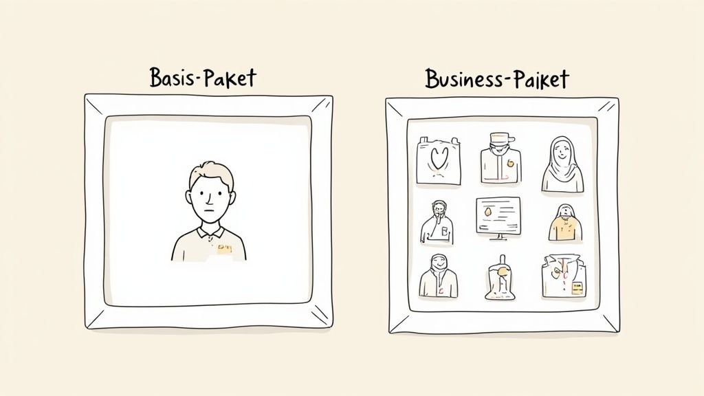 Eine zufriedene junge Frau, die ihr Bewerbungsfoto-Portfolio betrachtet und das beste Bild auswählt.