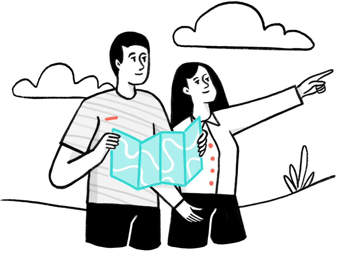 An illustration of a man holding a map and a woman pointing in the distance