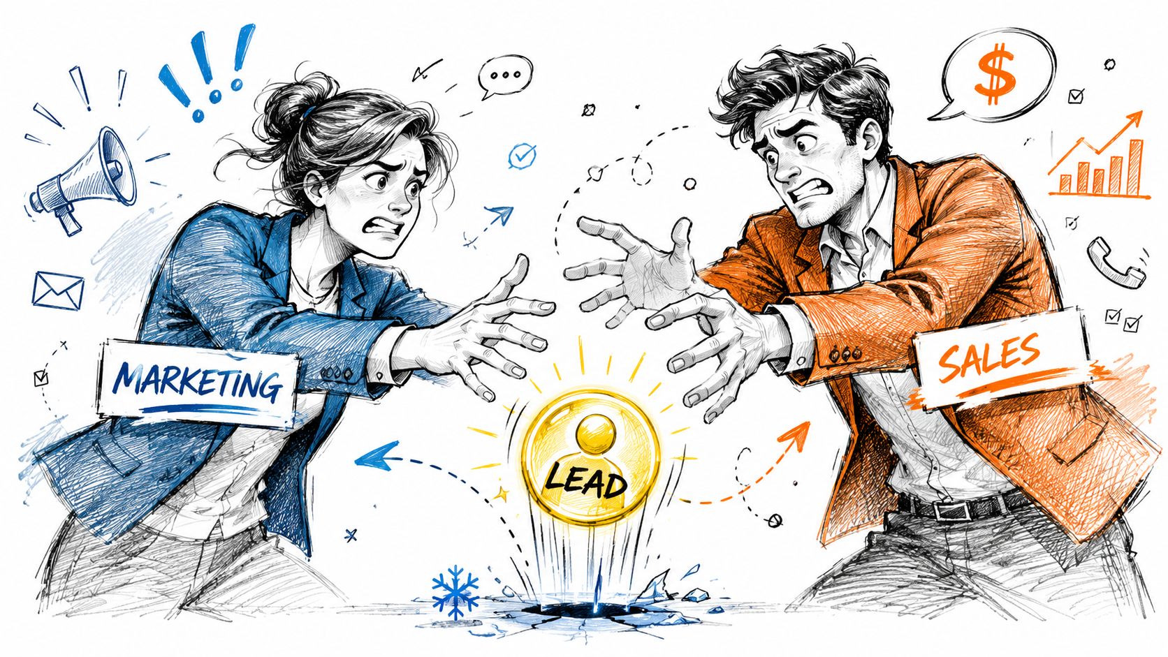 A conceptual illustration of a marketing professional and a sales professional arguing over a business lead.
