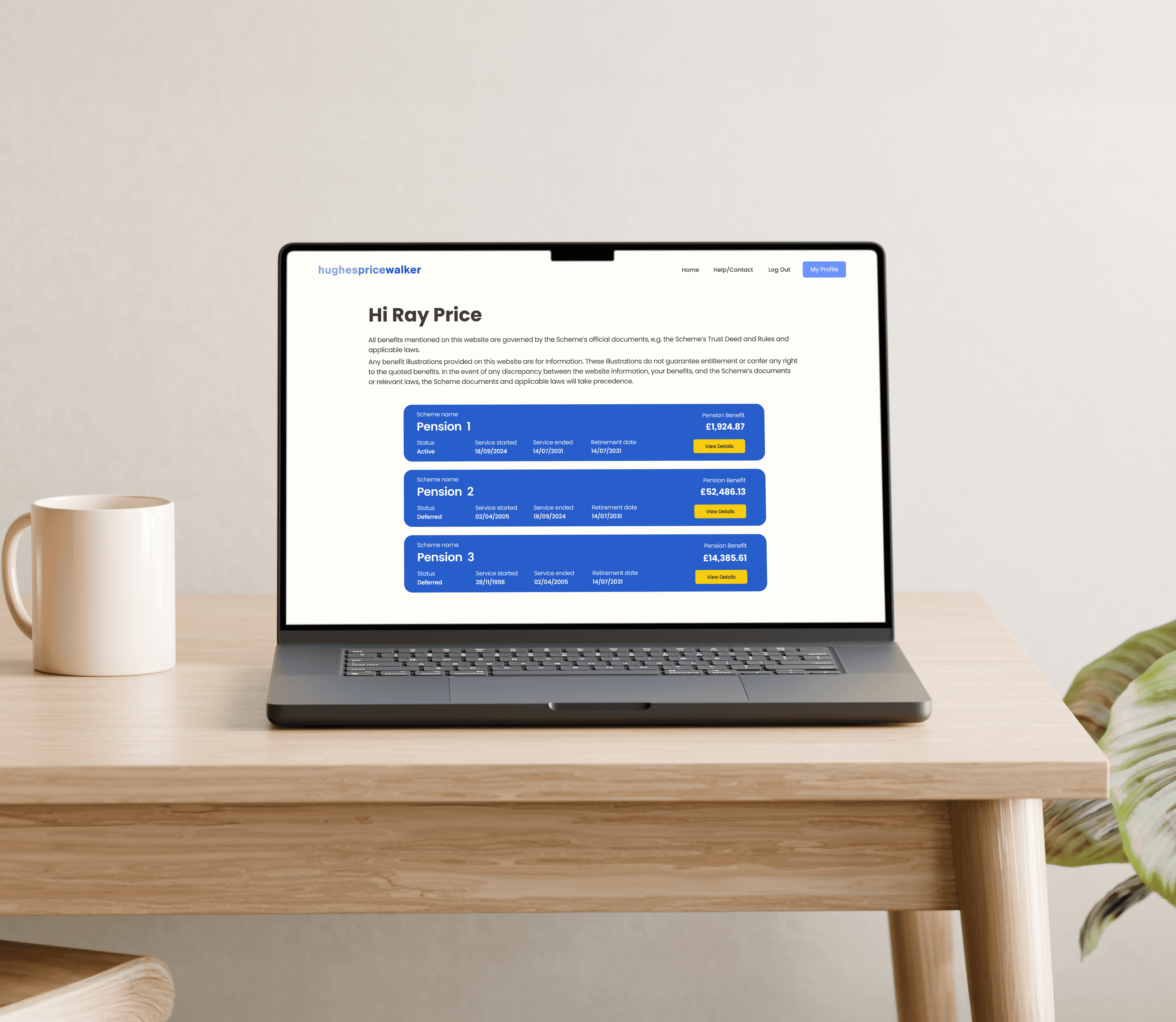 A laptop on a desk displaying the Hughes Price Walker pension portal for pensioner members.