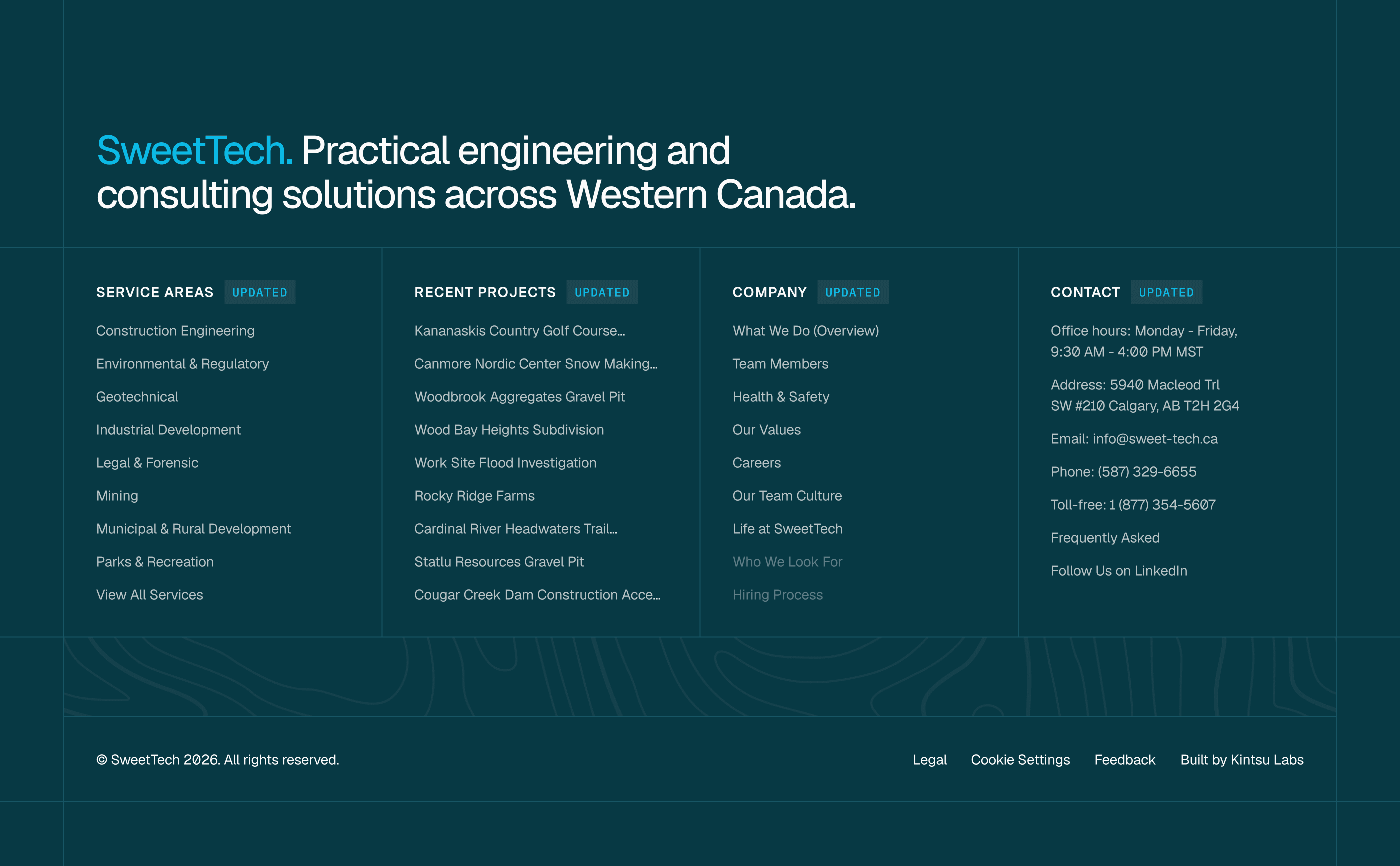 SweetTech site in dark teal headlined Practical engineering and consulting solutions across Western Canada, above footer columns.