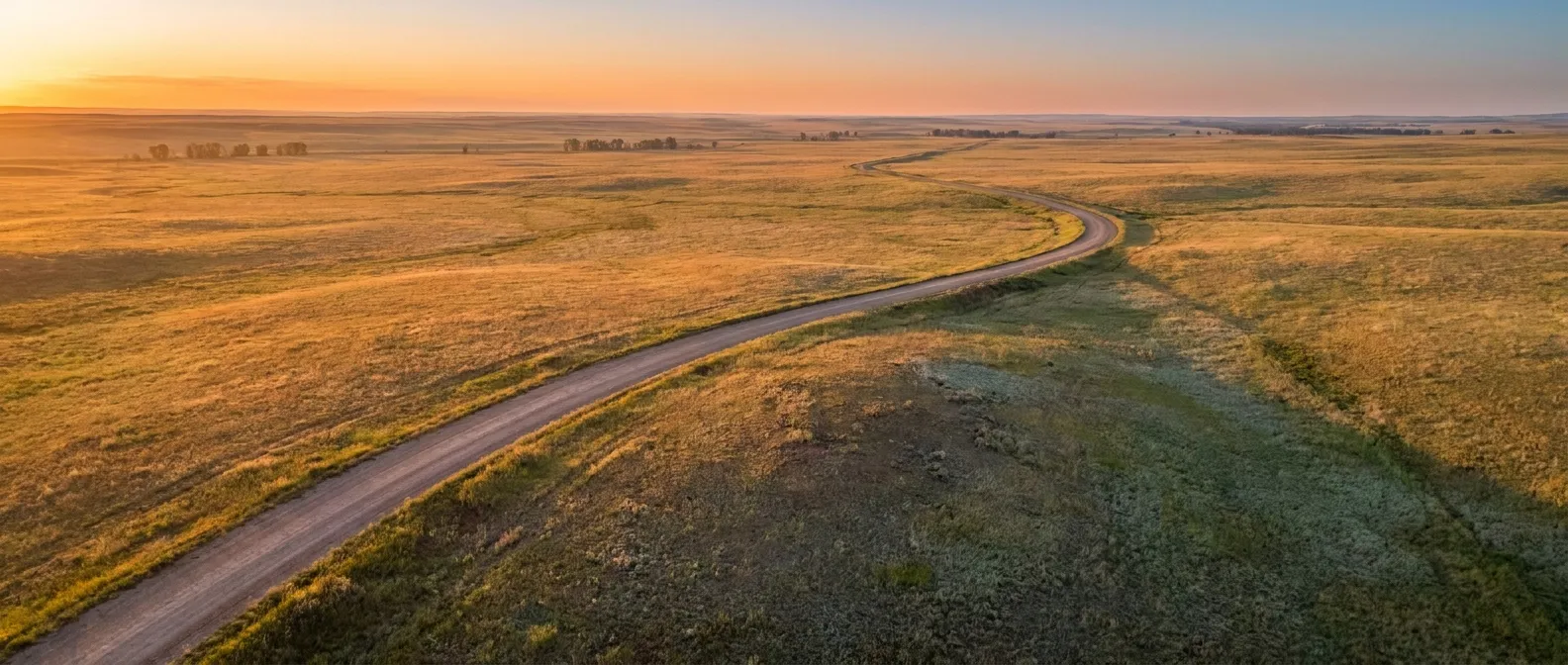 Winding road in golden fields at sunset. RockN' Socials Digital Marketing Agency.