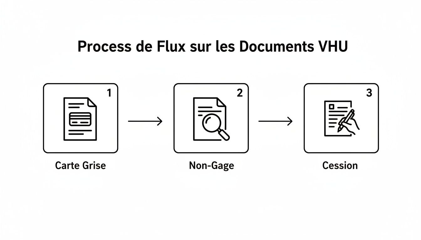 Diagramme illustrant le processus de traitement des documents VHU : carte grise, non-gage et cession.