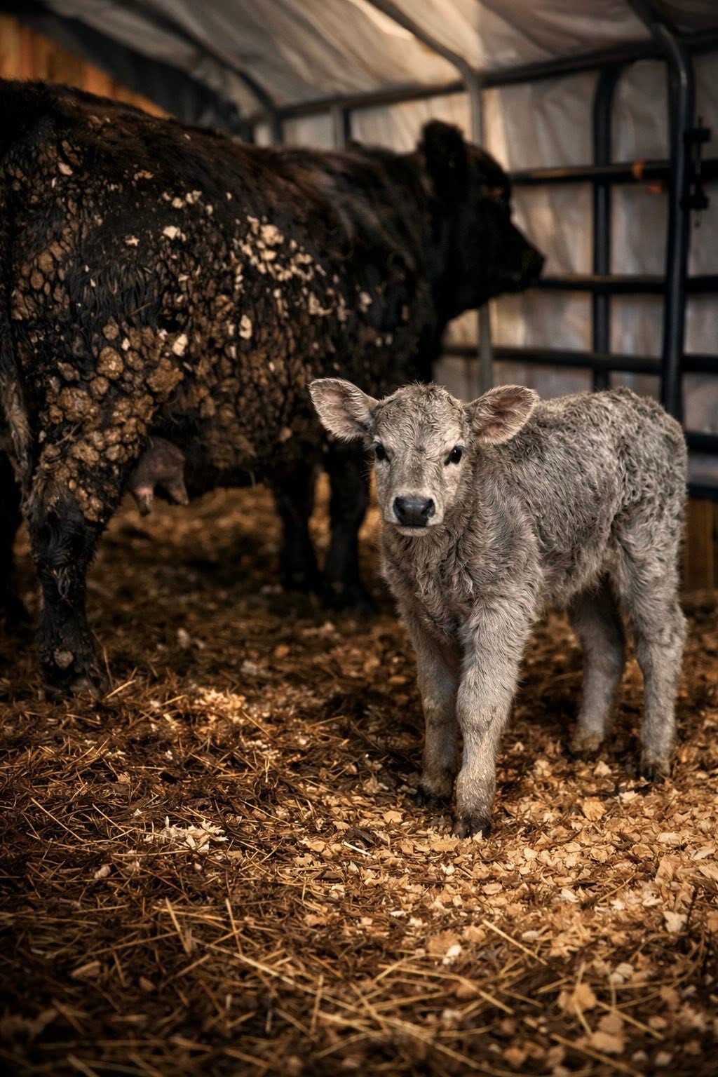 Young McCall Ranch calf standing in the straw in the barn, with a cow behind it