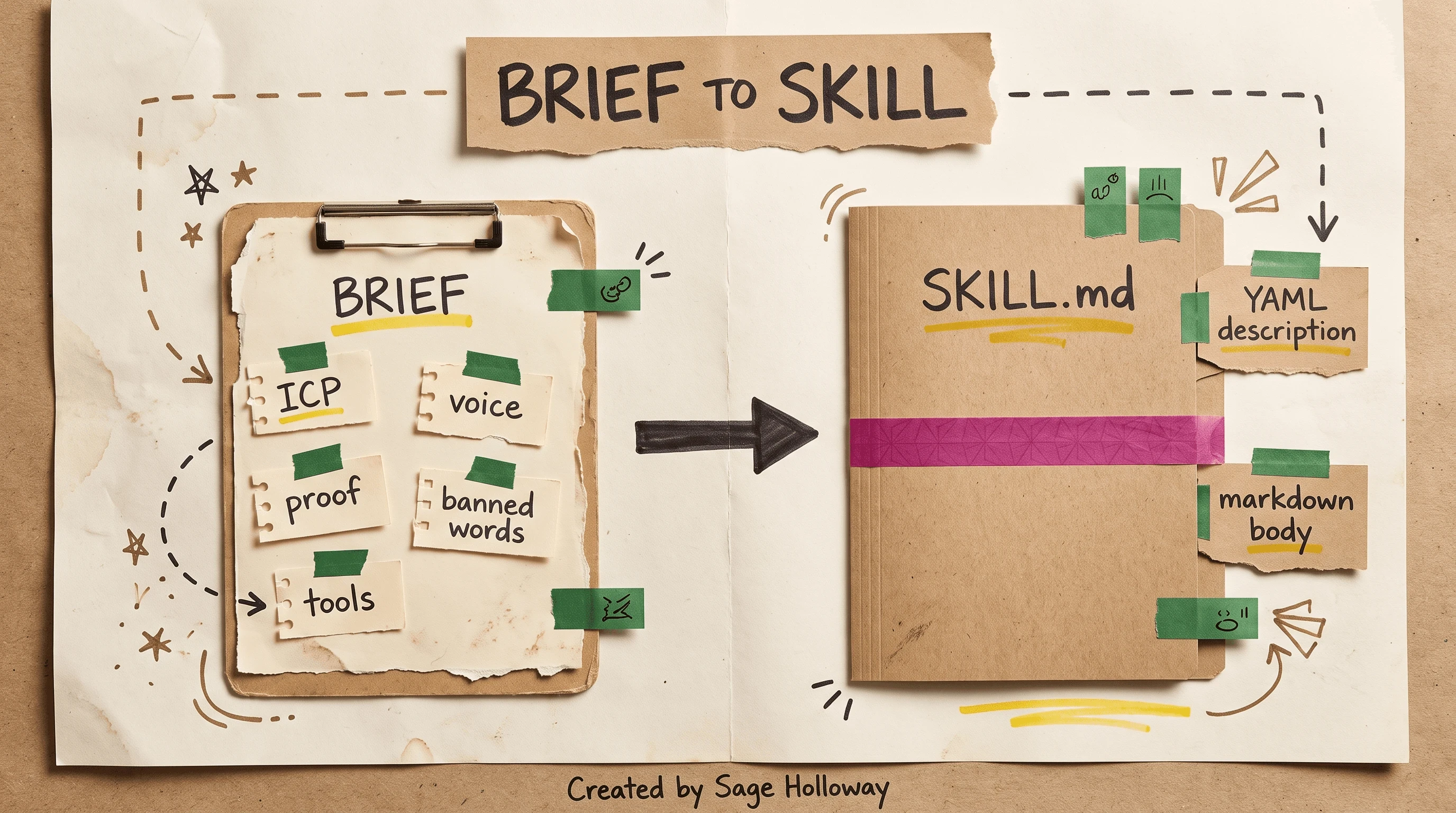 Diagram mapping a marketing brief into SKILL.md YAML description and markdown body sections