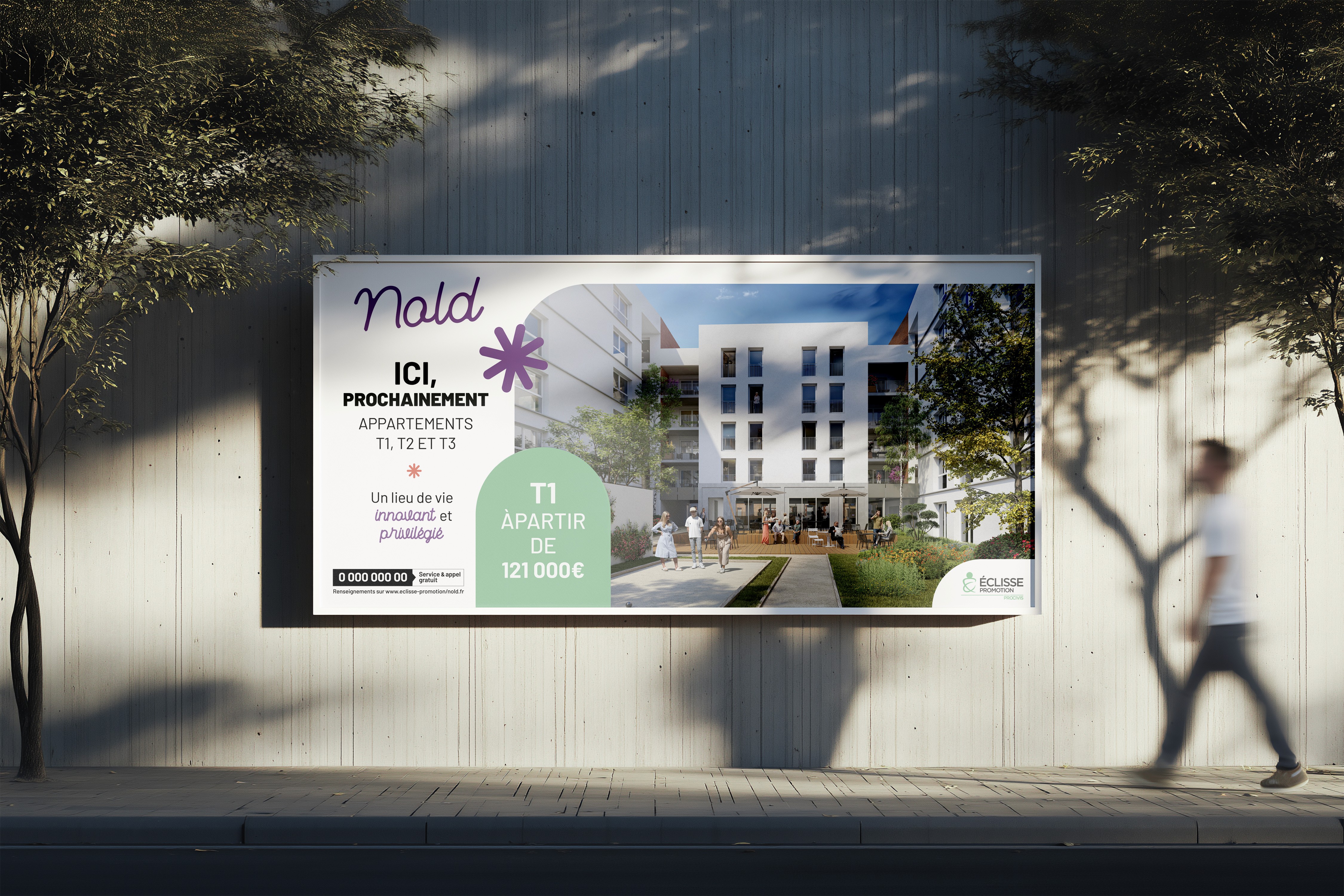 Panneau de chantier avec l’identité visuelle de la résidence Nold