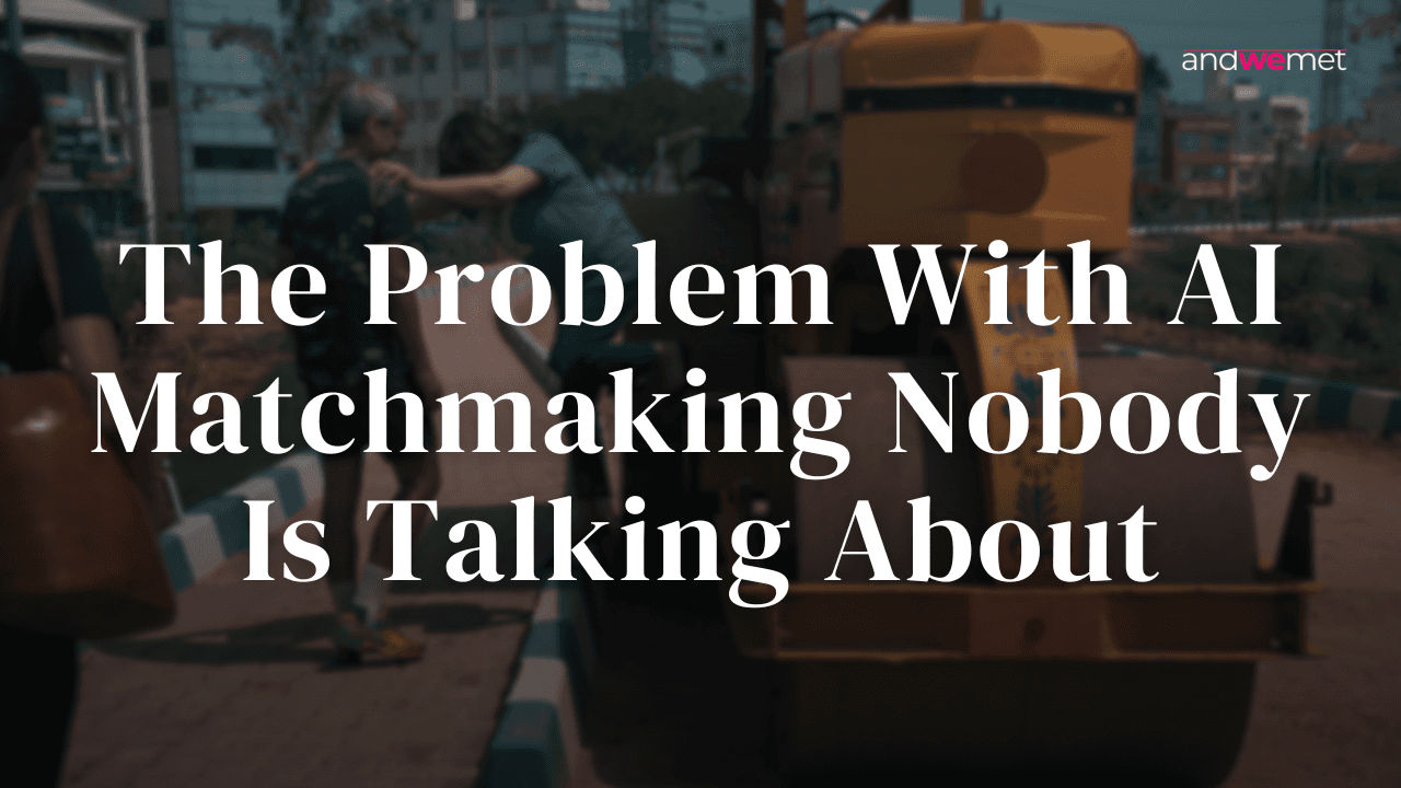 Couple at outdoor cafe table discussing relationships, representing human connection in AI matchmaking debate