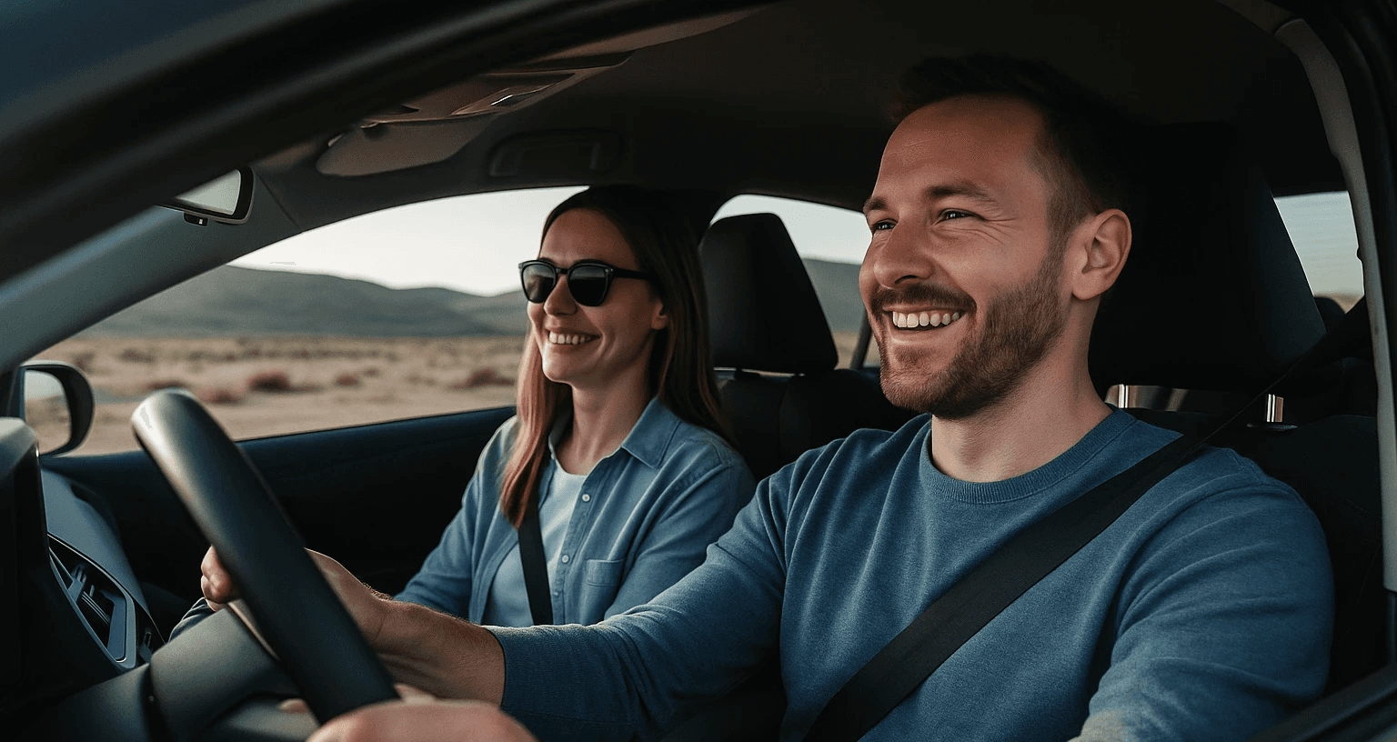 Two happy men driving a sportscar with a joyful expression, ideal for car rental adventure promotions.
