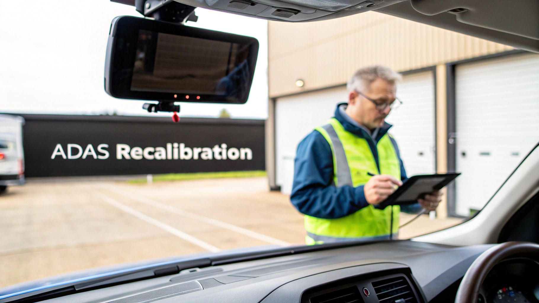 Man in hi-vis vest checking a tablet during ADAS recalibration service.