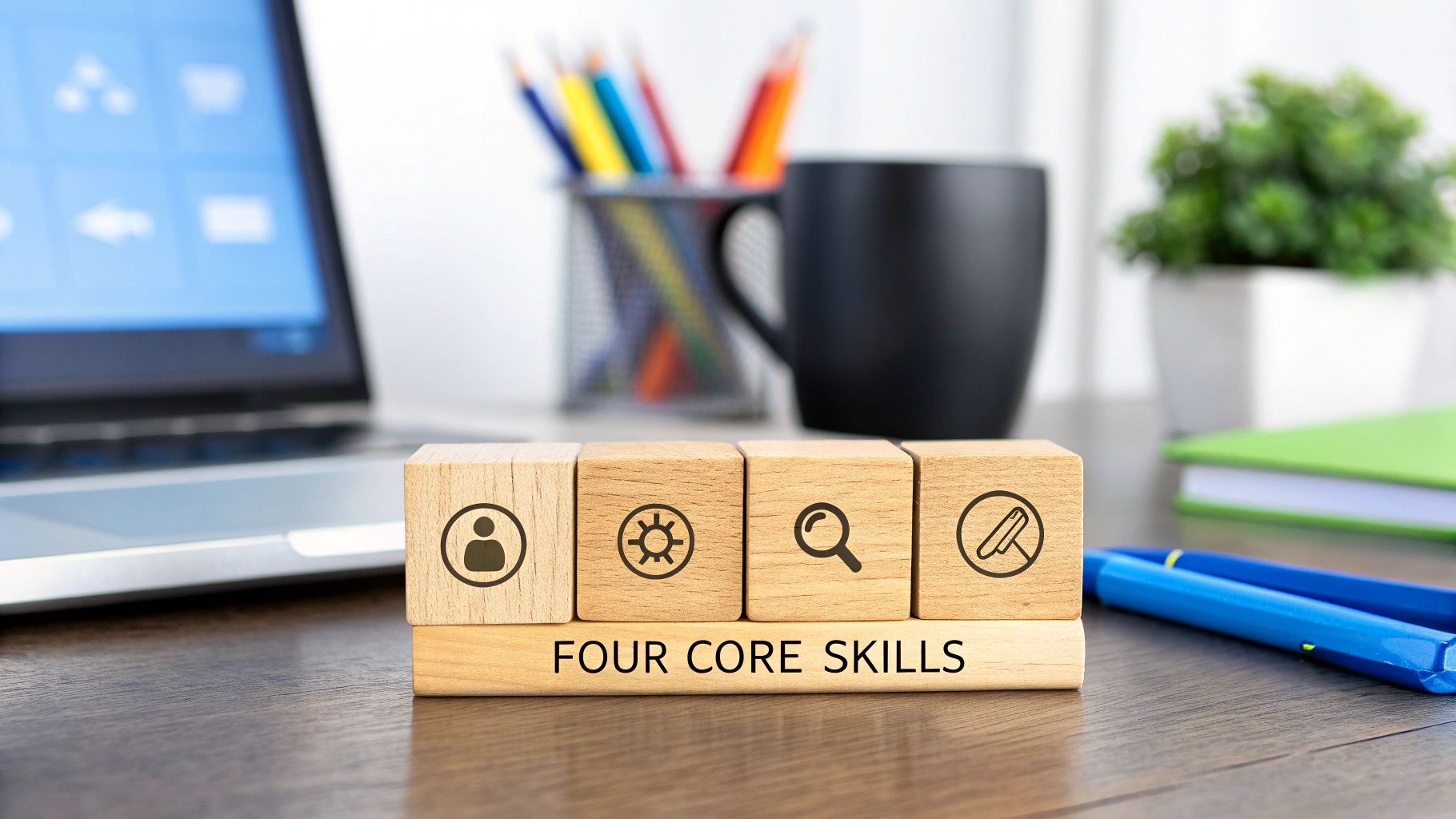 Four core skills blocks with icons (user, gear, search, document) on a desk with a laptop.