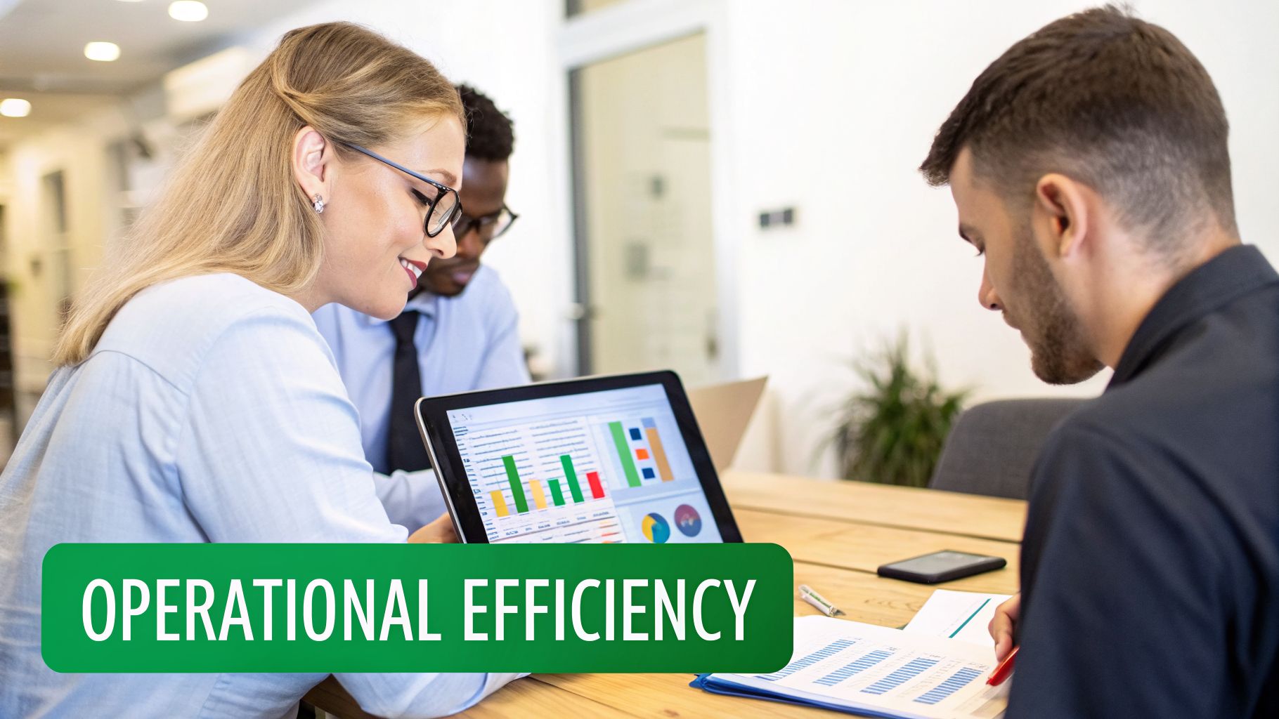 Three diverse business professionals collaborate, analyzing data on a tablet and documents for operational efficiency.