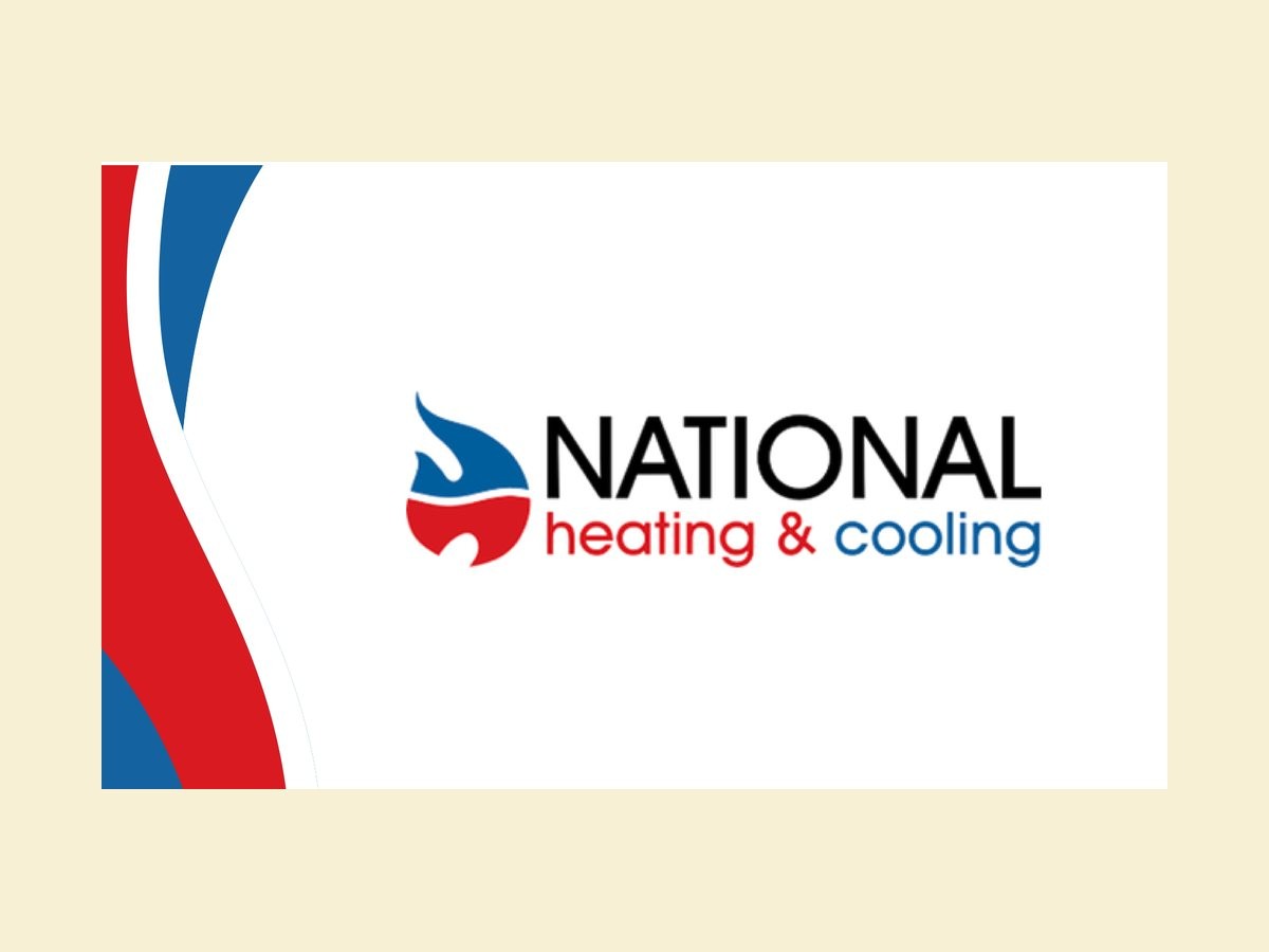 National Heating & Cooling brand card with red and blue curves