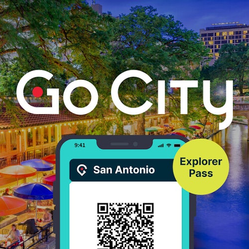 Go City" overlaying a vibrant city scene with riverwalk, colorful umbrellas, and trees. A phone screen displays a QR code for San Antonio Explorer Pass.