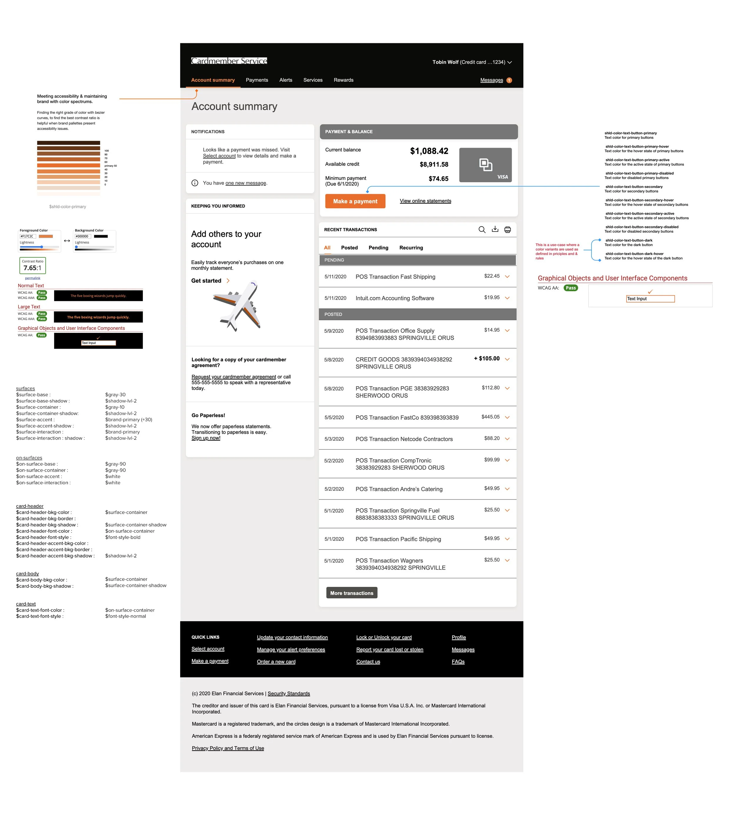 The core color token panel, showing how a single palette maps across roles like primary, border, and data-viz