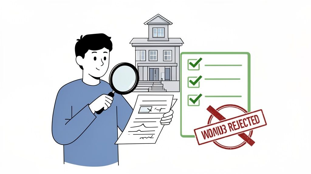 A cartoon man examines documents with a magnifying glass, next to a house and a rejected stamp.