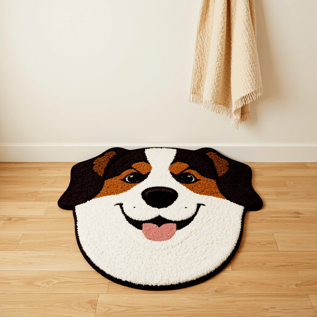 product photography of a decorative rug shaped like a dog's face, used for home decor