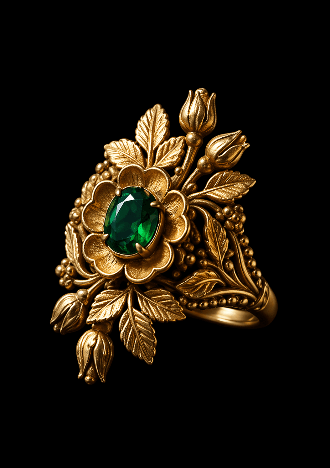 Botanical gold ring with emerald centerpiece and floral detailing