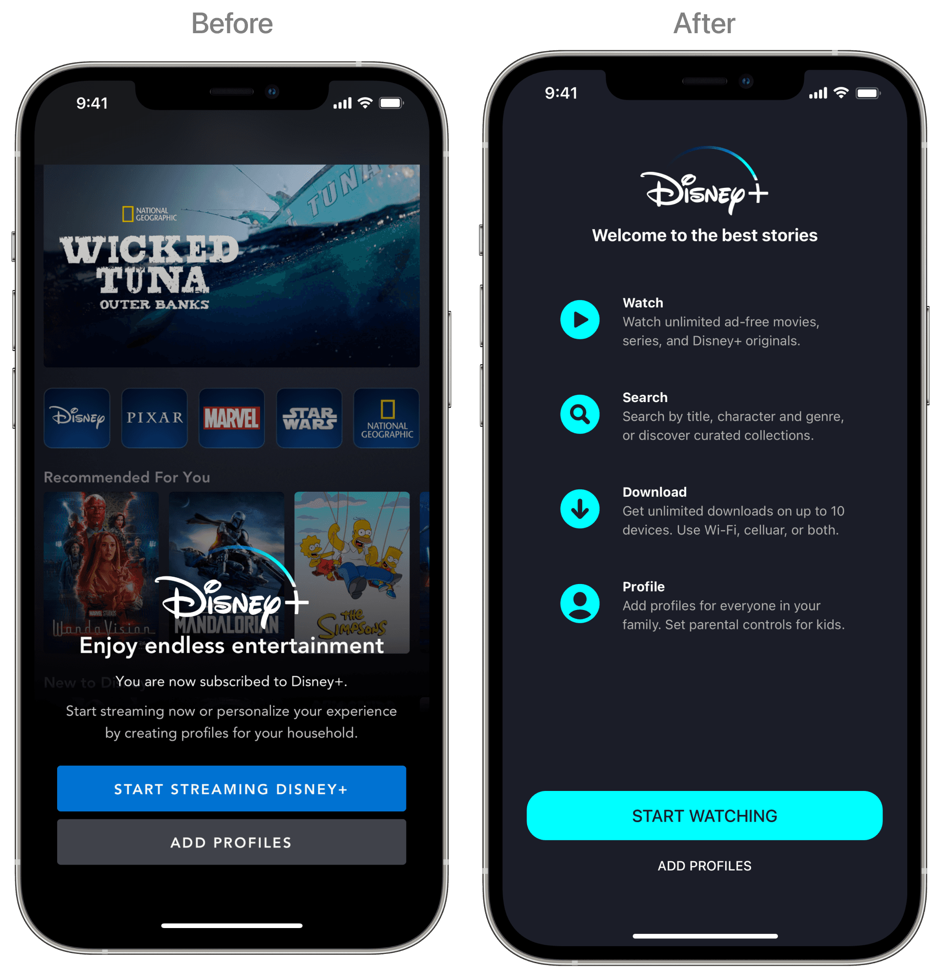Disney+ welcome screen before and after the rewrite
