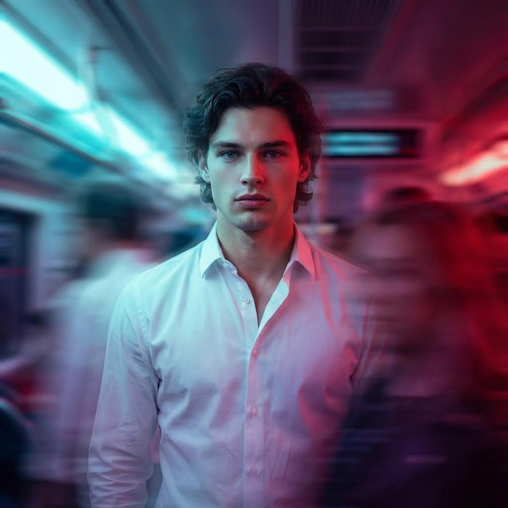 "Create using uploaded image, A moody, artistic portrait of a stylish young man wearing a crisp white shirt, standing still amidst swirling motion blur. The photo features dramatic neon lighting—cool cyan streaks on one side blending into deep red hues on the other—creating a cinematic and surreal contrast. The subject’s expression is thoughtful, and the soft focus and blur effect add a dreamlike, introspective quality. The environment feels futuristic yet intimate, as if caught between dimensions."