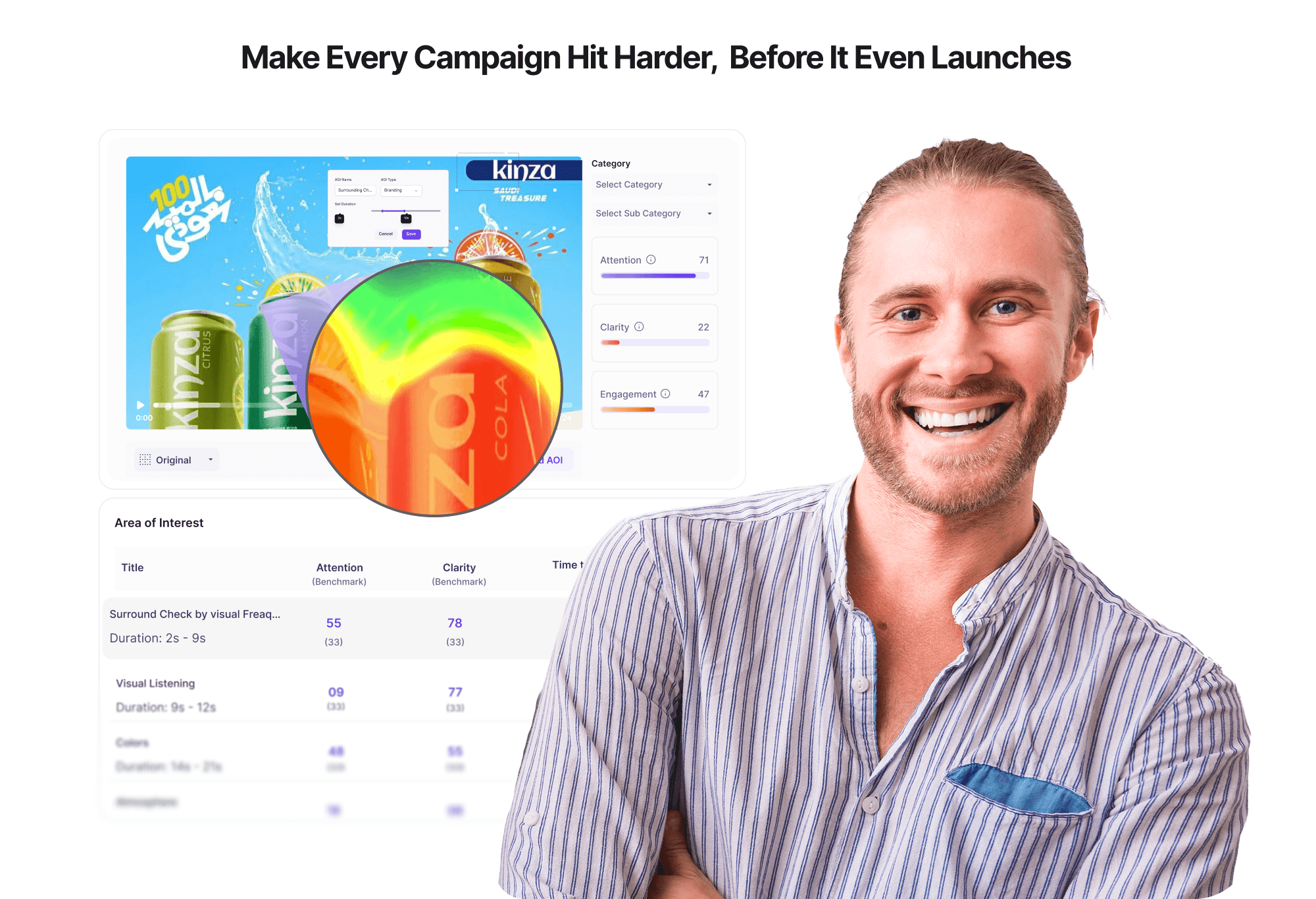 Promotional-style visual showing Decode’s AI Creative Insights interface analyzing an ad creative with metrics like attention, clarity, and engagement before launch.