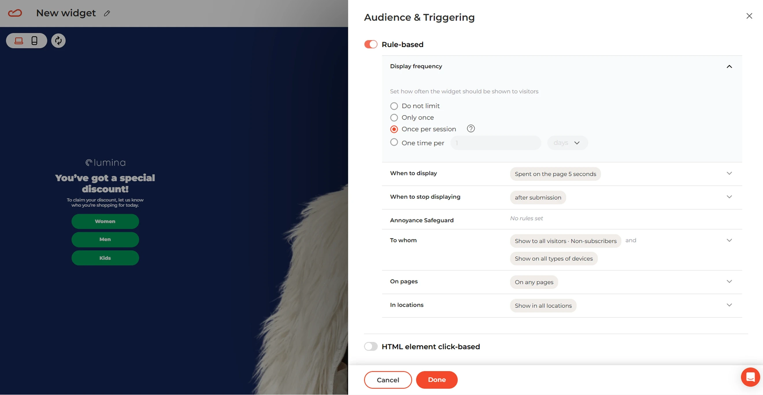 Claspo editor showing the display rules settings for a multi-step fashion popup