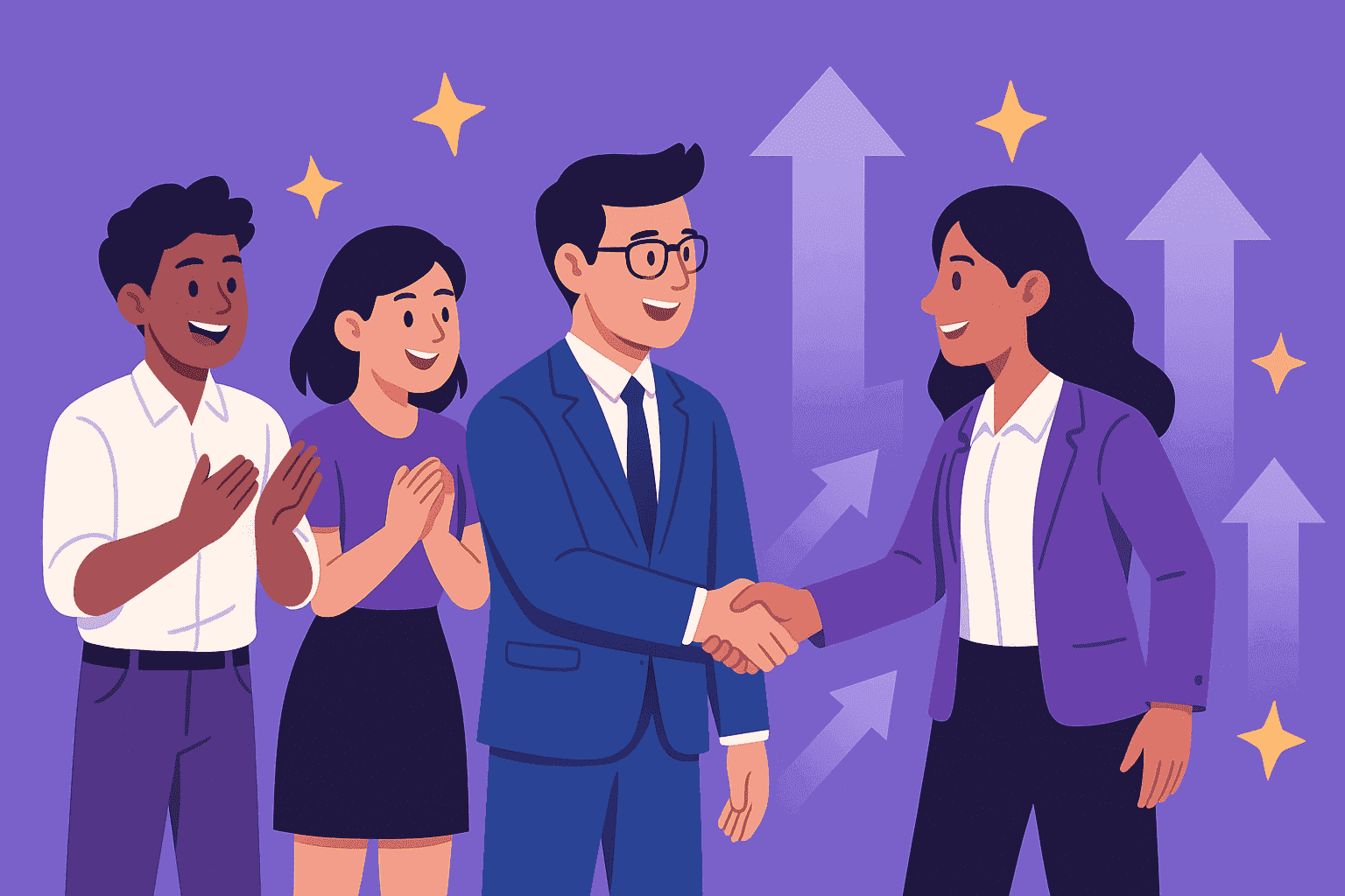 A flat-style digital illustration showing diverse coworkers celebrating success, with a leader shaking hands as arrows and stars rise in the background symbolizing recognition, teamwork, and growth.