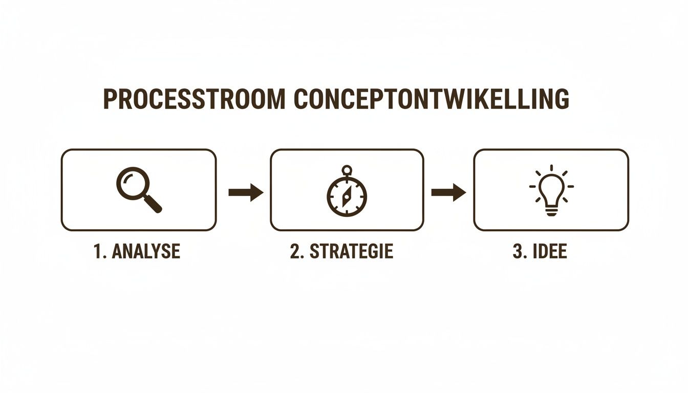 Schematische weergave van de conceptontwikkeling, met stappen zoals analyse, strategie en idee, elk met een bijbehorend icoon.
