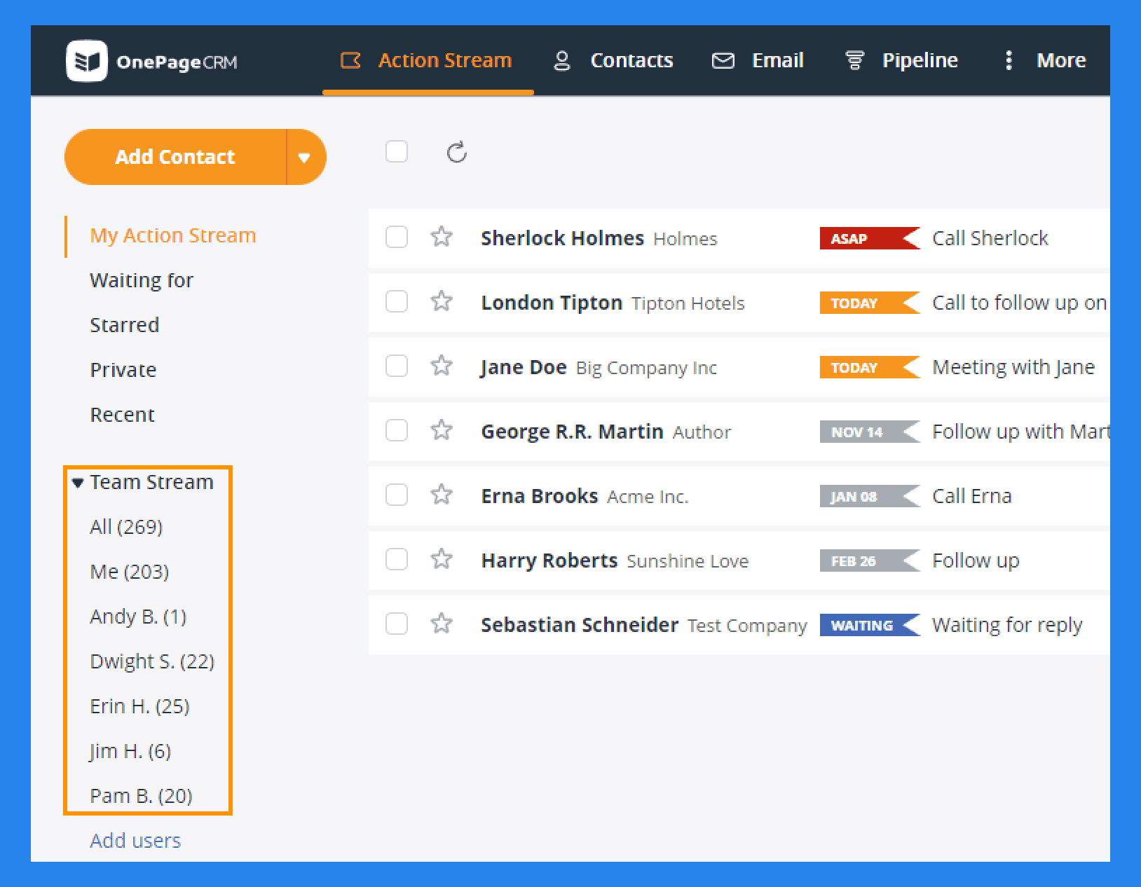 Key Features of OnePageCRM: Action Stream