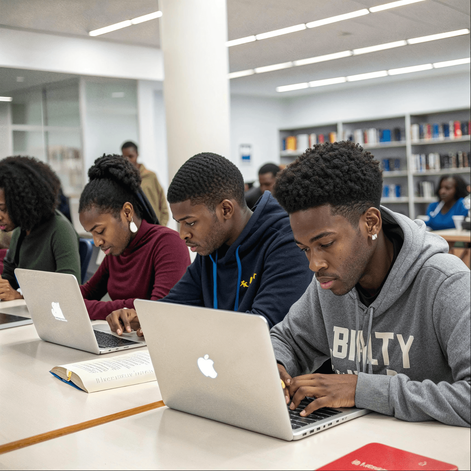Students in a library using their laptops