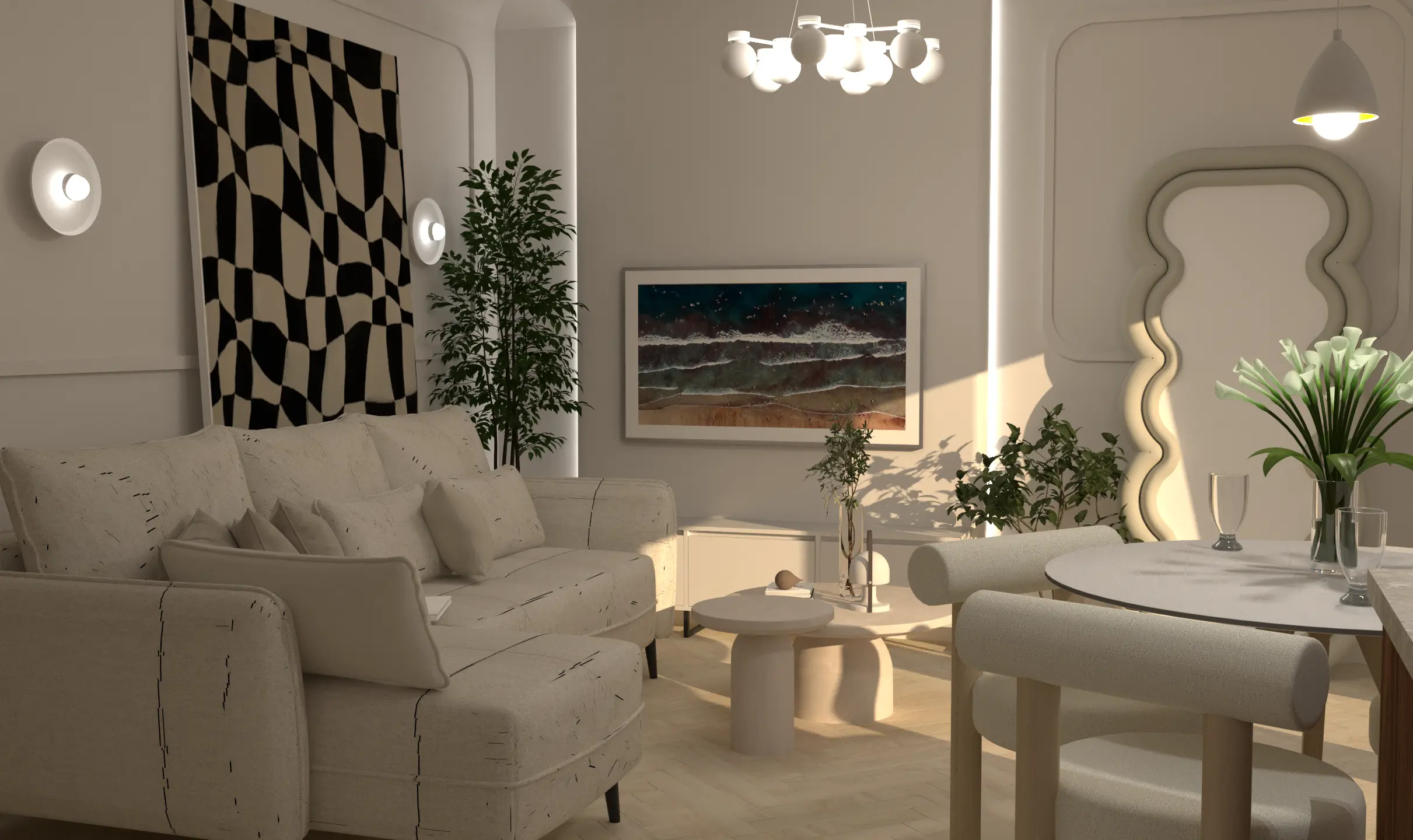 Wizualizacja jasnego salonu z kanapą narożną, fotelem boucle i designerskim lustrem naściennym