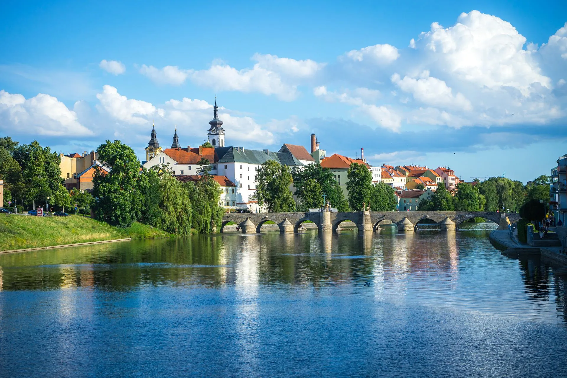 Historic buildings and bridge over the Otava River, Pisek