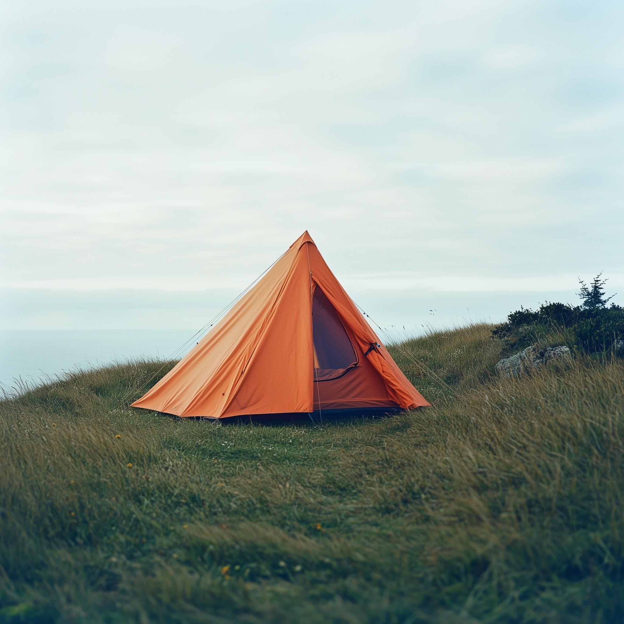 A vibrant orange tent set up on a grassy hilltop, with the sky slightly overcast, creating a serene camping scene