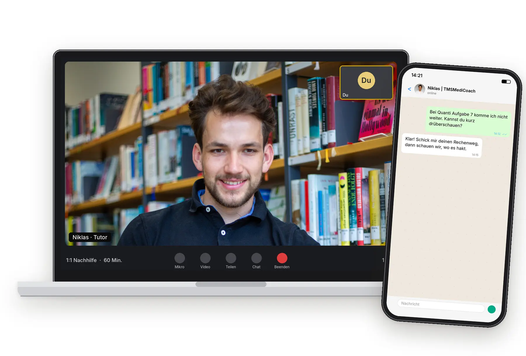 1:1-Nachhilfe für den TMS per Videocall mit Tutor Niklas und Support zwischen den Stunden per WhatsApp zu einer Quanti-Aufgabe