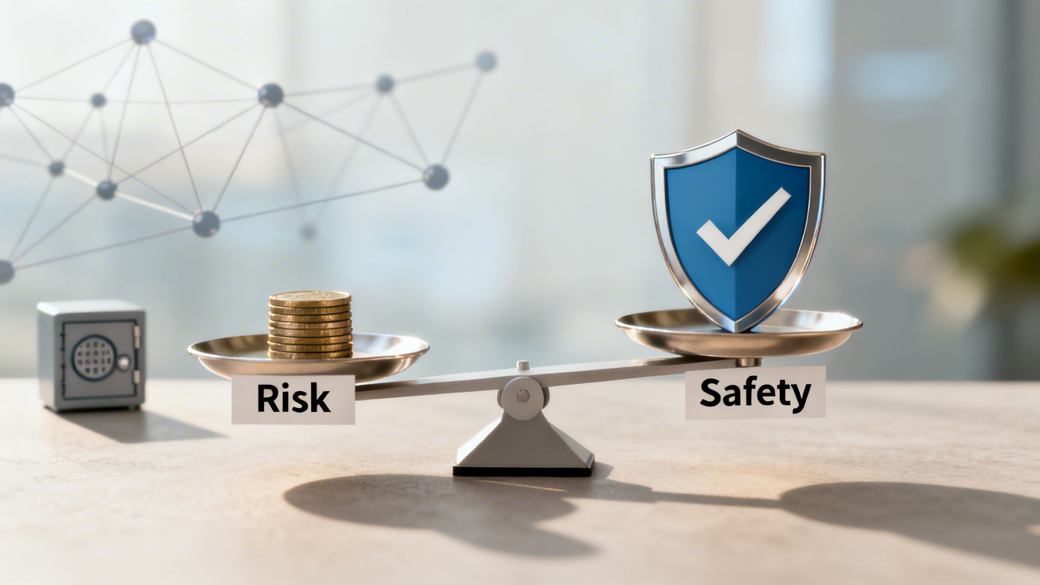 A balance scale shows a blue shield with a checkmark for safety outweighing stacked coins and a safe for risk.