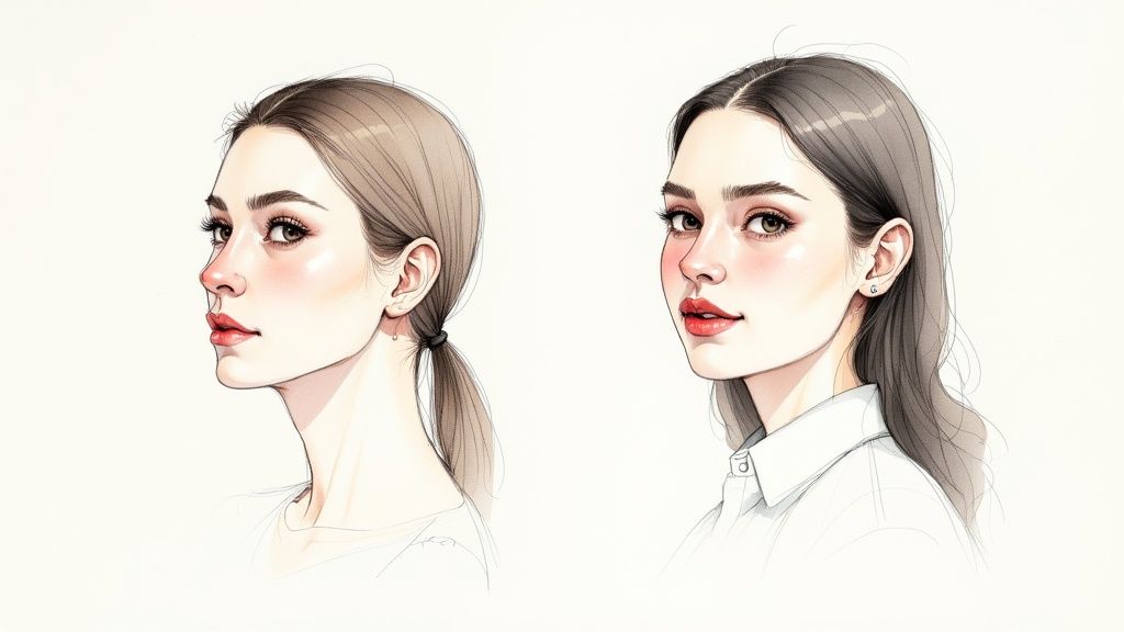 Portrait illustration of woman from side and front view with natural makeup