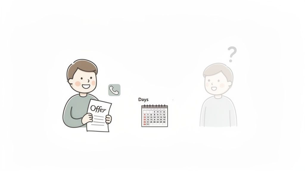 Illustration of a smiling man holding an offer, with a phone, calendar, and a questioning faded man.