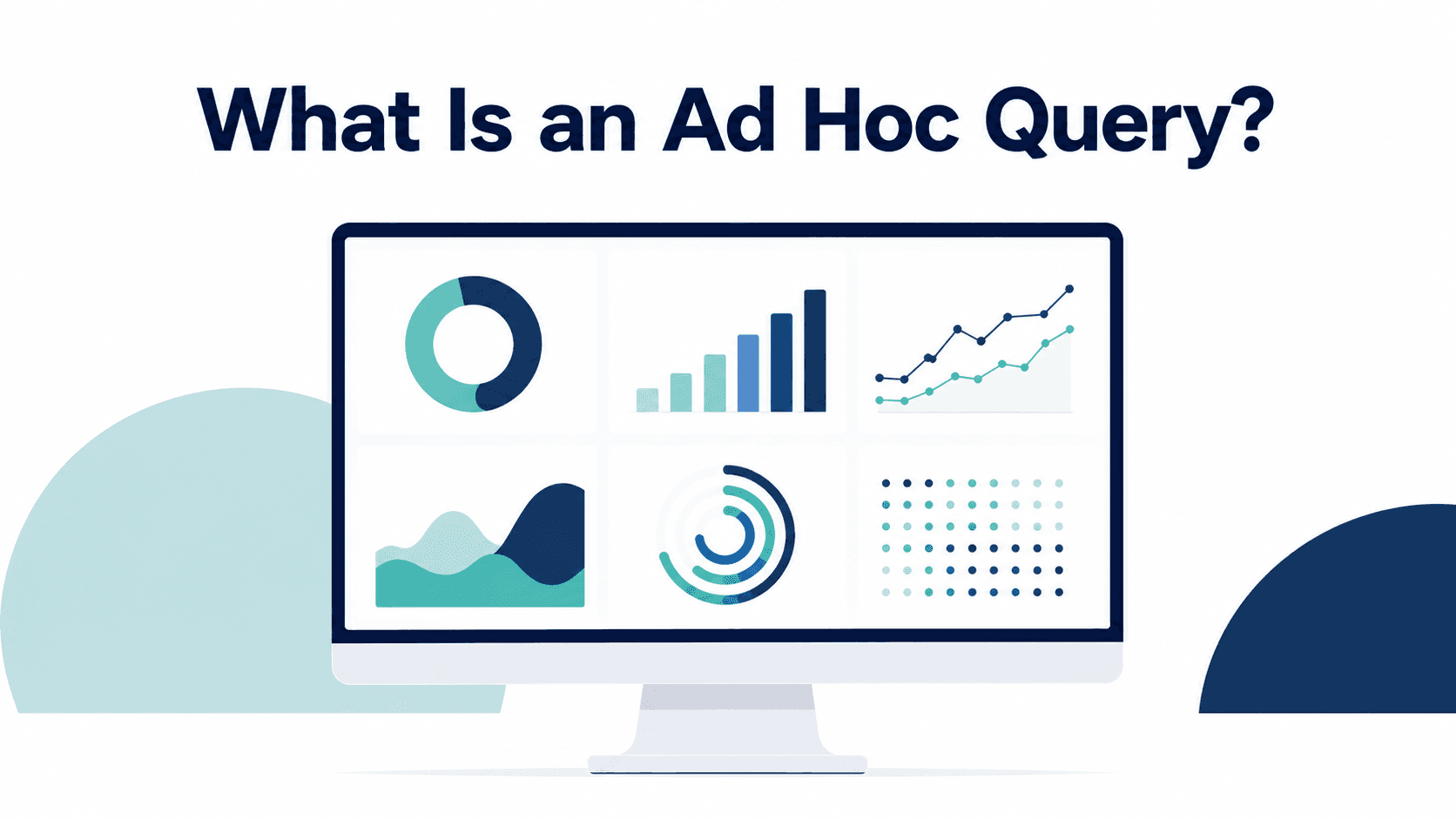 What is an Ad Hoc Query illustrated with clean minimalist vector data charts and graphs on a modern monitor screen
