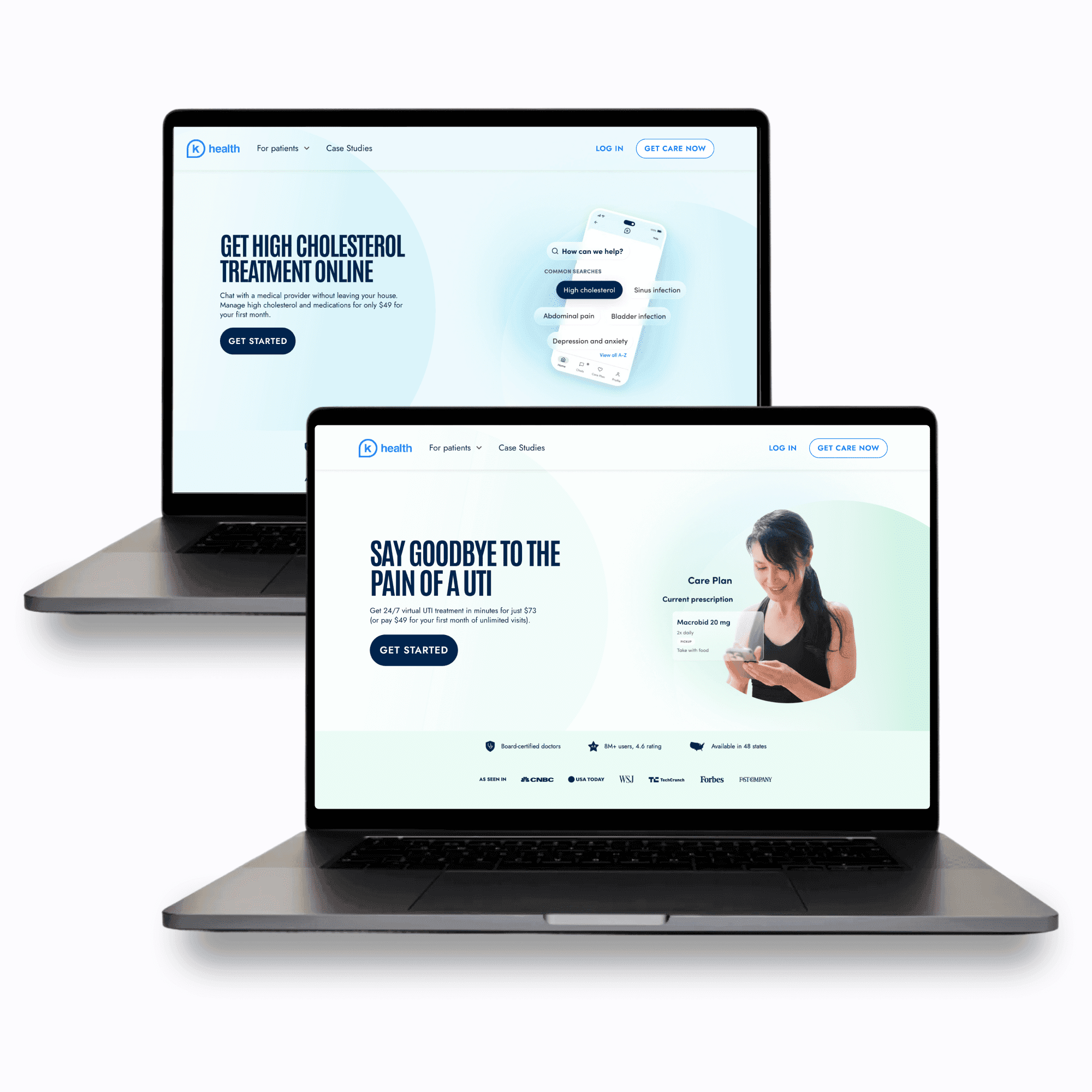 Two laptops displaying different website designs and promotional content.